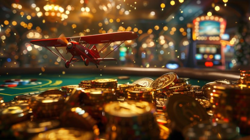 Cảnh nền casino trực tuyến với bàn chơi và ánh sáng neon kỳ ảo